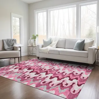 3' X 5' Blush Pink And Mauve Abstract Washable Indoor Outdoor Area Rug