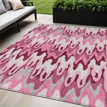 5' X 8' Blush Pink And Mauve Abstract Washable Indoor Outdoor Area Rug
