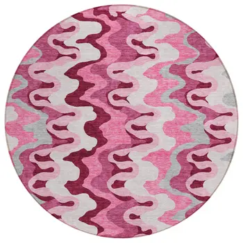 8' Blush Pink And Mauve Round Abstract Washable Indoor Outdoor Area Rug