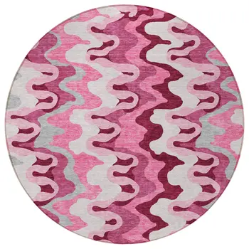 8' Blush Pink And Mauve Round Abstract Washable Indoor Outdoor Area Rug