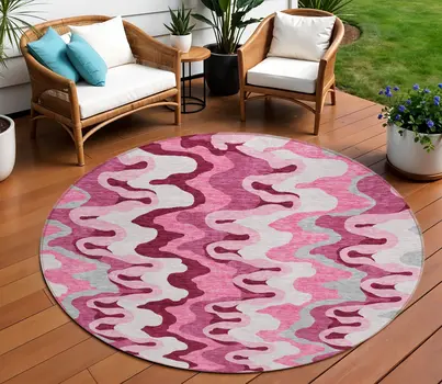 8' Blush Pink And Mauve Round Abstract Washable Indoor Outdoor Area Rug