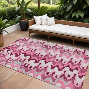 9' X 12' Blush Pink And Mauve Abstract Washable Indoor Outdoor Area Rug