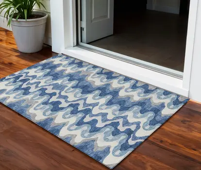 3' X 5' Navy Blue And Sky Blue Abstract Washable Indoor Outdoor Area Rug