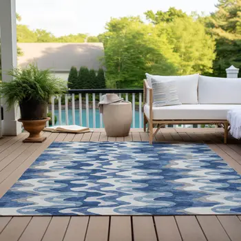 3' X 5' Navy Blue And Sky Blue Abstract Washable Indoor Outdoor Area Rug