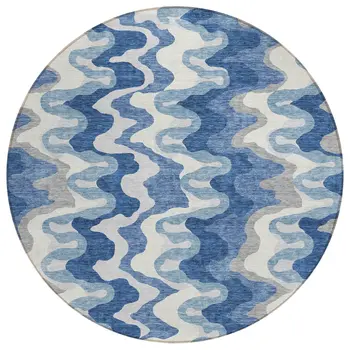 8' Navy Blue And Sky Blue Round Abstract Washable Indoor Outdoor Area Rug