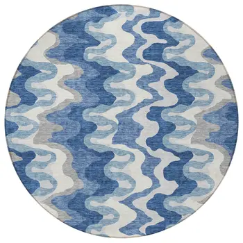 8' Navy Blue And Sky Blue Round Abstract Washable Indoor Outdoor Area Rug