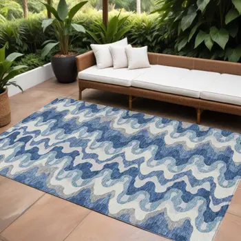 8' X 10' Navy Blue And Sky Blue Abstract Washable Indoor Outdoor Area Rug