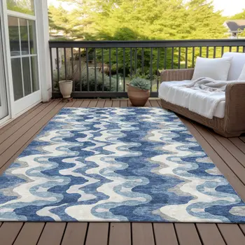 9' X 12' Navy Blue And Sky Blue Abstract Washable Indoor Outdoor Area Rug
