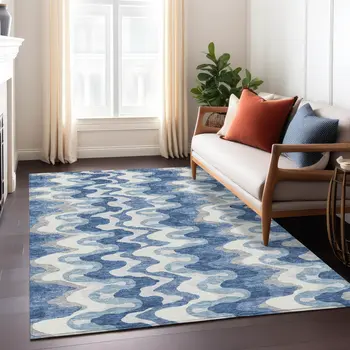 9' X 12' Navy Blue And Sky Blue Abstract Washable Indoor Outdoor Area Rug