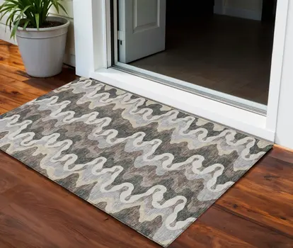 3' X 5' Charcoal Gray And Silver Abstract Washable Indoor Outdoor Area Rug
