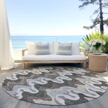 8' Charcoal Gray And Silver Round Abstract Washable Indoor Outdoor Area Rug