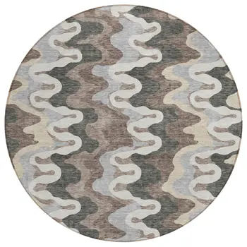8' Charcoal Gray And Silver Round Abstract Washable Indoor Outdoor Area Rug