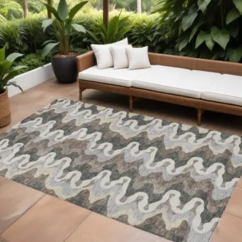 8' X 10' Charcoal Gray And Silver Abstract Washable Indoor Outdoor Area Rug