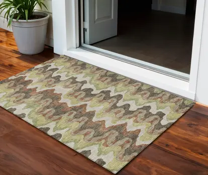 3' X 5' Chocolate Copper And Artichoke Green Abstract Washable Indoor Outdoor Area Rug