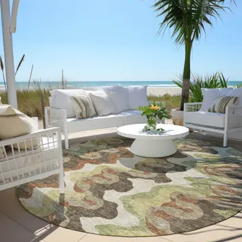 8' Chocolate Copper And Artichoke Green Round Abstract Washable Indoor Outdoor Area Rug