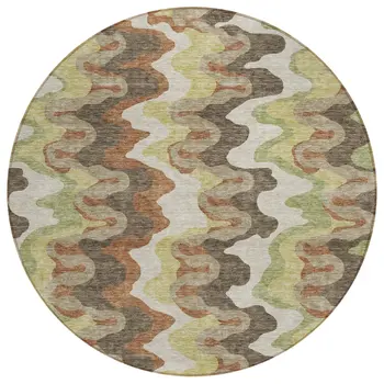 8' Chocolate Copper And Artichoke Green Round Abstract Washable Indoor Outdoor Area Rug