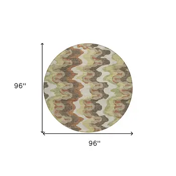 8' Chocolate Copper And Artichoke Green Round Abstract Washable Indoor Outdoor Area Rug