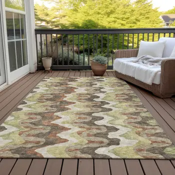 9' X 12' Chocolate Copper And Artichoke Green Abstract Washable Indoor Outdoor Area Rug