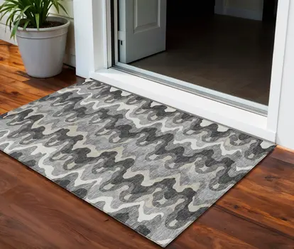 3' X 5' Gray Silver And Charcoal Abstract Washable Indoor Outdoor Area Rug