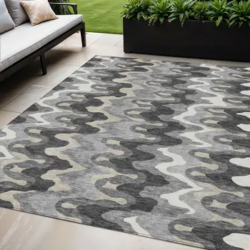 5' X 8' Gray Silver And Charcoal Abstract Washable Indoor Outdoor Area Rug