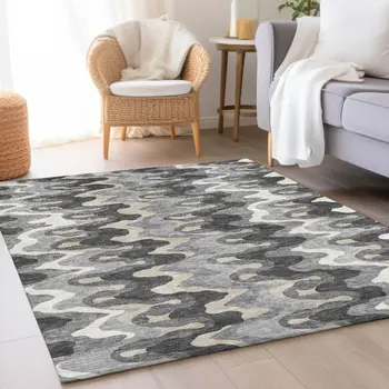 5' X 8' Gray Silver And Charcoal Abstract Washable Indoor Outdoor Area Rug