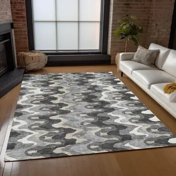 5' X 8' Gray Silver And Charcoal Abstract Washable Indoor Outdoor Area Rug