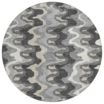 8' Gray Silver And Charcoal Round Abstract Washable Indoor Outdoor Area Rug