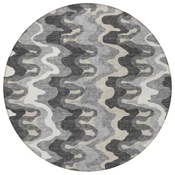 8' Gray Silver And Charcoal Round Abstract Washable Indoor Outdoor Area Rug