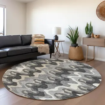 8' Gray Silver And Charcoal Round Abstract Washable Indoor Outdoor Area Rug