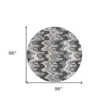8' Gray Silver And Charcoal Round Abstract Washable Indoor Outdoor Area Rug