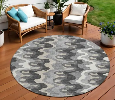 8' Gray Silver And Charcoal Round Abstract Washable Indoor Outdoor Area Rug