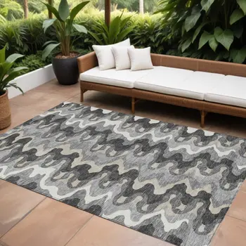 8' X 10' Gray Silver And Charcoal Abstract Washable Indoor Outdoor Area Rug