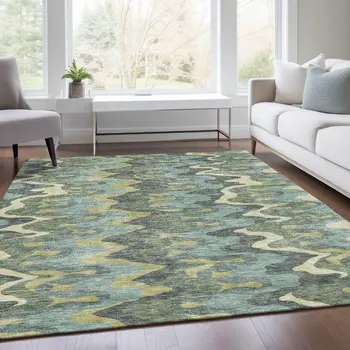 3' X 5' Sage And Artichoke Green Abstract Washable Indoor Outdoor Area Rug