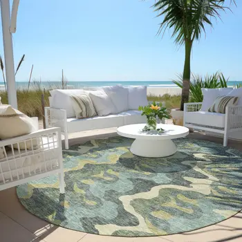 8' Sage And Artichoke Green Round Abstract Washable Indoor Outdoor Area Rug