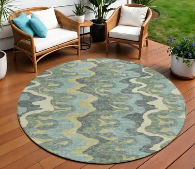 8' Sage And Artichoke Green Round Abstract Washable Indoor Outdoor Area Rug