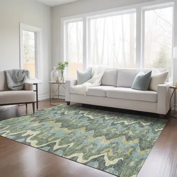 8' X 10' Sage And Artichoke Green Abstract Washable Indoor Outdoor Area Rug