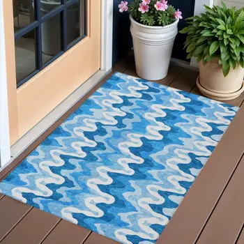 3' X 5' Sky Blue Denim Blue And Ivory Abstract Washable Indoor Outdoor Area Rug