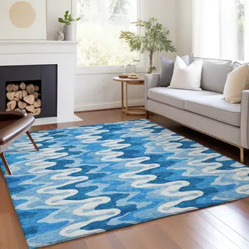 3' X 5' Sky Blue Denim Blue And Ivory Abstract Washable Indoor Outdoor Area Rug