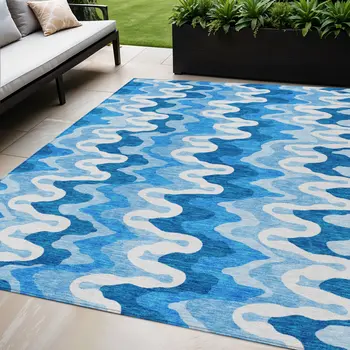 5' X 8' Sky Blue Denim Blue And Ivory Abstract Washable Indoor Outdoor Area Rug