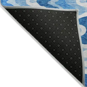 5' X 8' Sky Blue Denim Blue And Ivory Abstract Washable Indoor Outdoor Area Rug