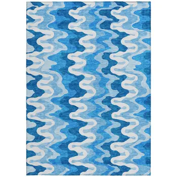 5' X 8' Sky Blue Denim Blue And Ivory Abstract Washable Indoor Outdoor Area Rug