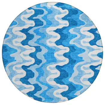 8' Sky Blue Denim Blue And Ivory Round Abstract Washable Indoor Outdoor Area Rug