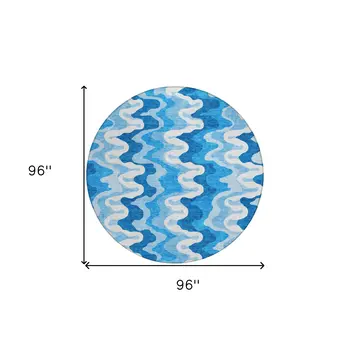 8' Sky Blue Denim Blue And Ivory Round Abstract Washable Indoor Outdoor Area Rug