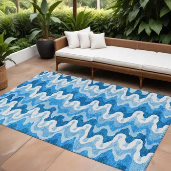 10' X 14' Sky Blue Denim Blue And Ivory Abstract Washable Indoor Outdoor Area Rug