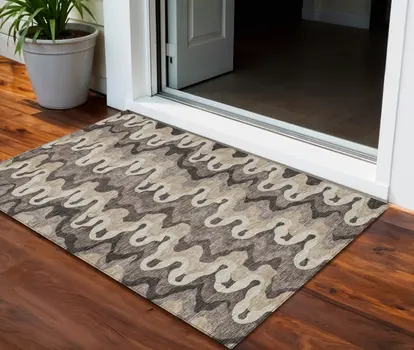 3' X 5' Taupe Beige And Chocolate Abstract Washable Indoor Outdoor Area Rug