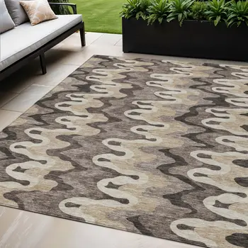5' X 8' Taupe Beige And Chocolate Abstract Washable Indoor Outdoor Area Rug