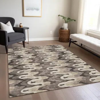 5' X 8' Taupe Beige And Chocolate Abstract Washable Indoor Outdoor Area Rug