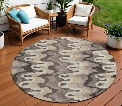 8' Taupe Beige And Chocolate Round Abstract Washable Indoor Outdoor Area Rug