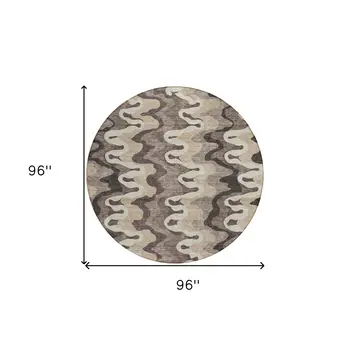 8' Taupe Beige And Chocolate Round Abstract Washable Indoor Outdoor Area Rug