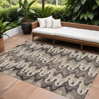 8' X 10' Taupe Beige And Chocolate Abstract Washable Indoor Outdoor Area Rug